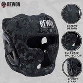 Rewon camouflage boxing headgear with full face protection and sturdy strap for MMA and kickboxing training.